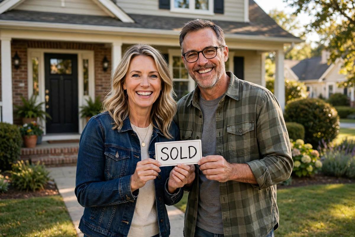 Happy sellers in front of their home